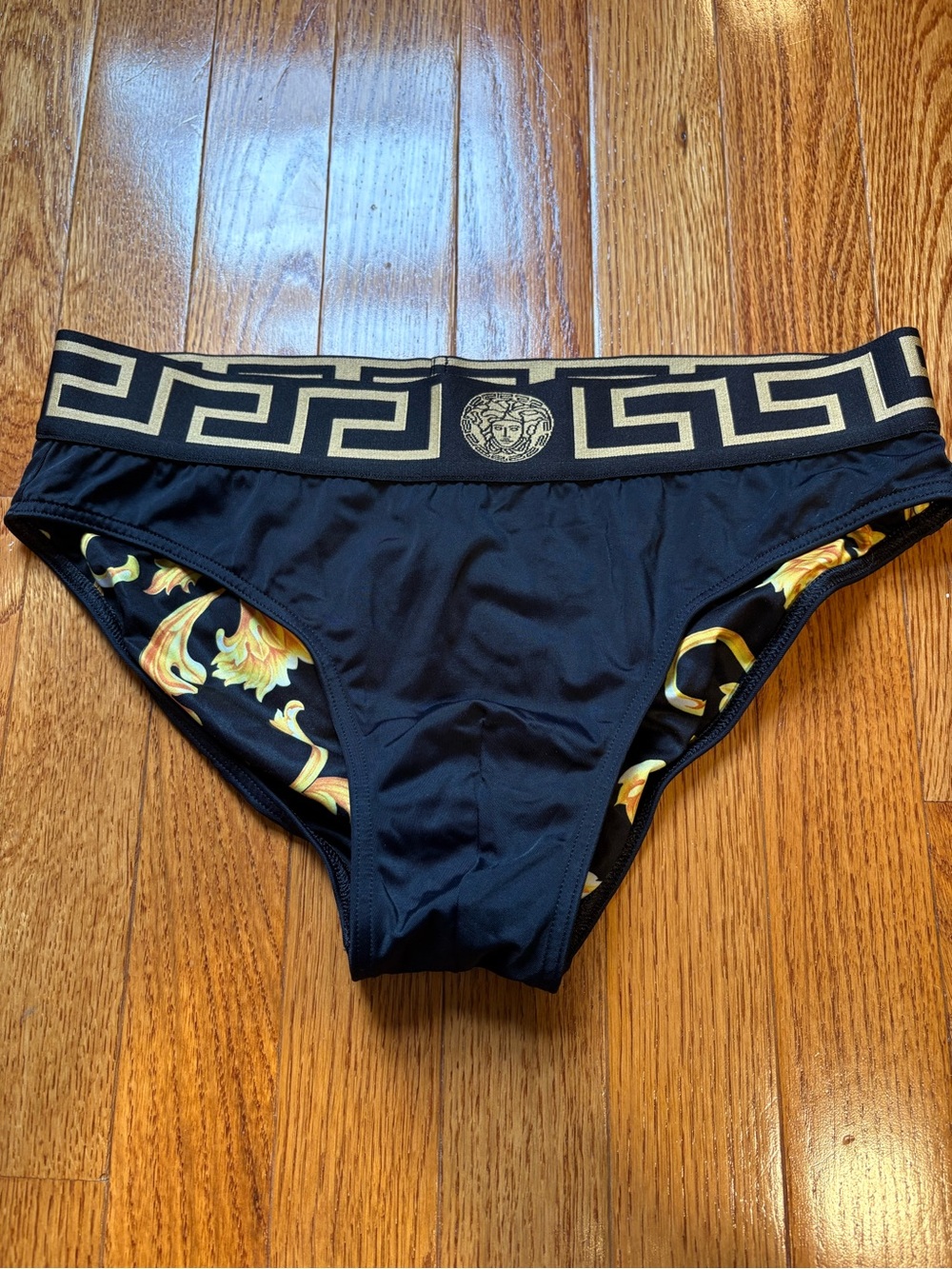 Versace Black and Gold Greek Key Medusa Men’s Swim Brief